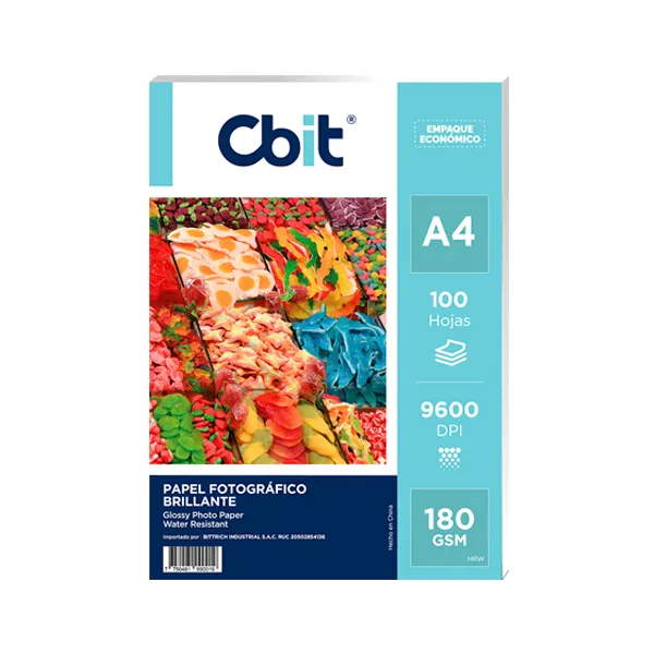 Papel Fotográfico Brillante 180 gr. A4-100H 9600 dpi Cbit